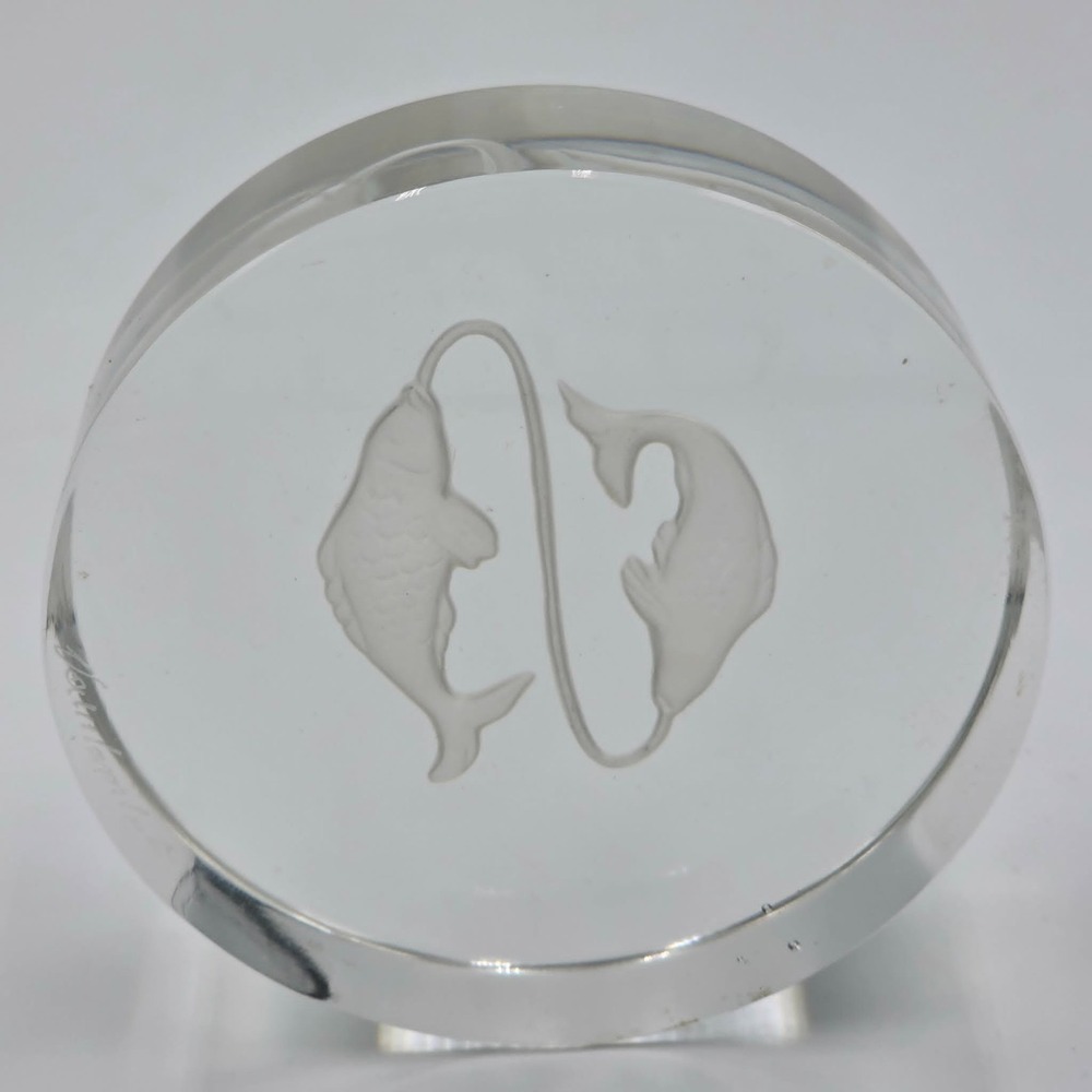 Val St Lambert Zodiac Pisces Fish Crystal 3.5" Signed Vintage Paperweight